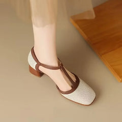 Off-white perforated T-strap block heel pump with contrast tan strap and square toe