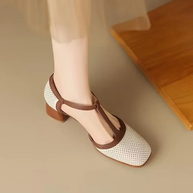 Off-white perforated T-strap block heel pump with contrast tan strap and square toe