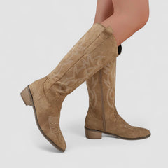 Knee-high western boots with tonal embroidery, low block heel and side zip