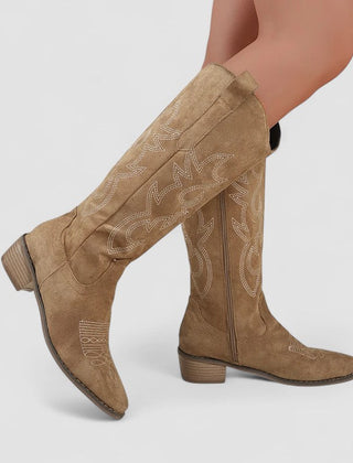 Knee-high western boots with tonal embroidery, low block heel and side zip