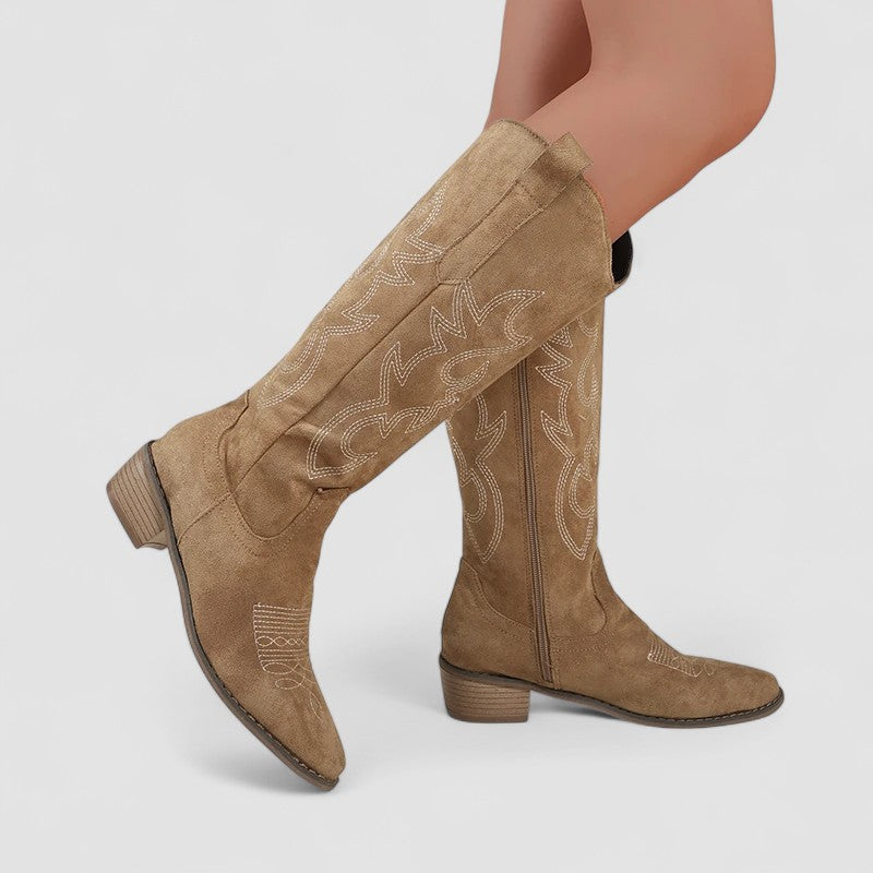 Knee-high western boots with tonal embroidery, low block heel and side zip