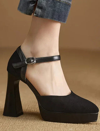 Aurore platform block heel pumps with slim ankle strap and rounded toe, in brown and black