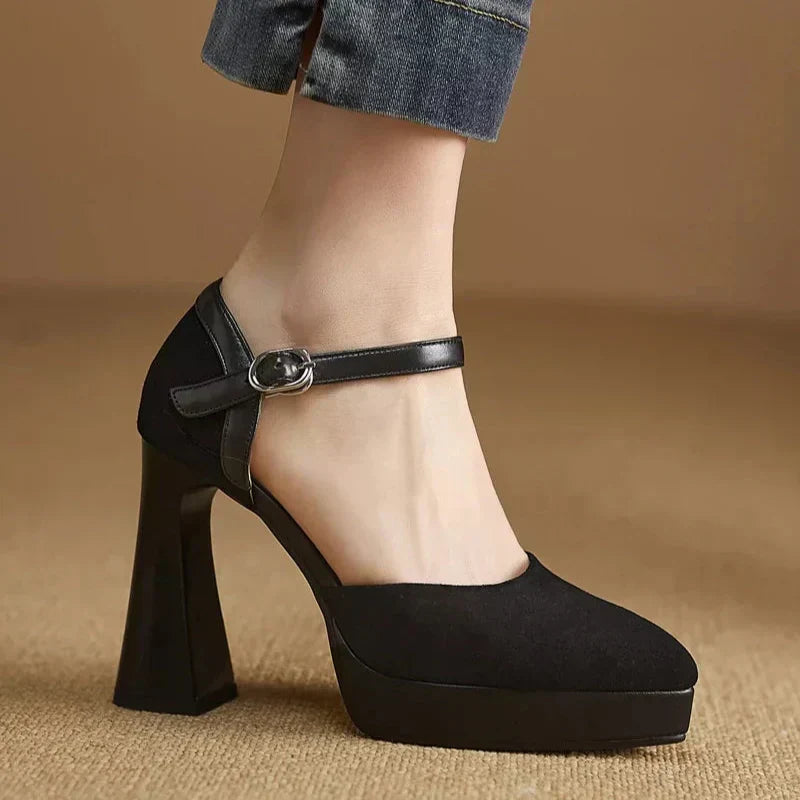 Aurore platform block heel pumps with slim ankle strap and rounded toe, in brown and black