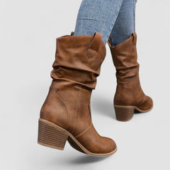 Slouch block-heel pull-on boots with relaxed shaft, shown in brown and black