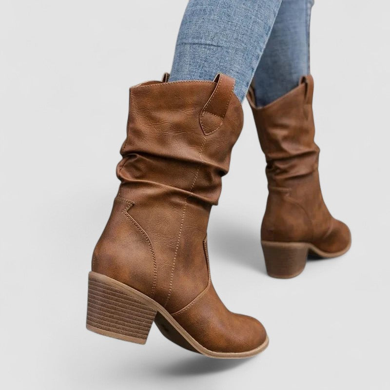 Slouch block-heel pull-on boots with relaxed shaft, shown in brown and black