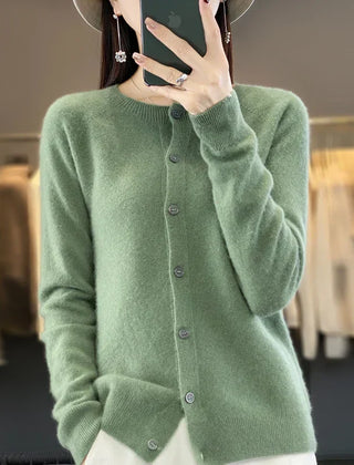 Women's button front knit cardigan shown in several colour options