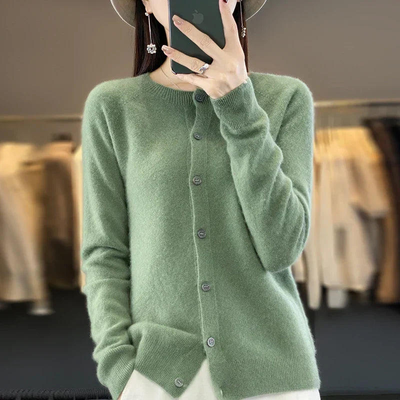 Women's button front knit cardigan shown in several colour options