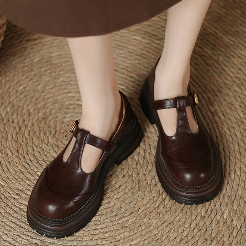 Women's Blythe T-bar Mary Jane brogue shoes with rounded toe and low heel