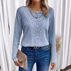 Women's textured pullover sweater with crochet-style front panel, round neckline and long sleeves