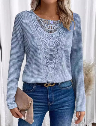 Women's textured pullover sweater with crochet-style front panel, round neckline and long sleeves