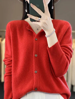 Women's button front knit cardigan shown in several colour options