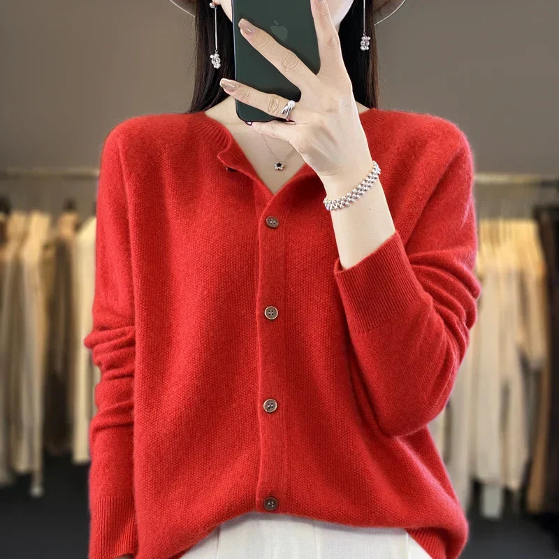Women's button front knit cardigan shown in several colour options