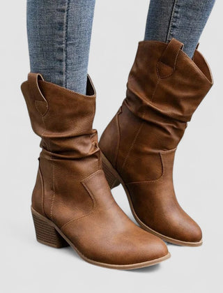 Slouch block-heel pull-on boots with relaxed shaft, shown in brown and black