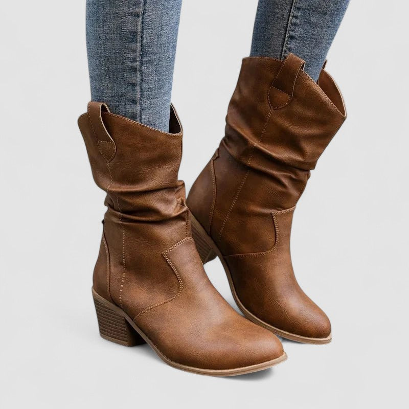 Slouch block-heel pull-on boots with relaxed shaft, shown in brown and black