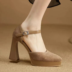 Aurore platform block heel pumps with slim ankle strap and rounded toe, in brown and black