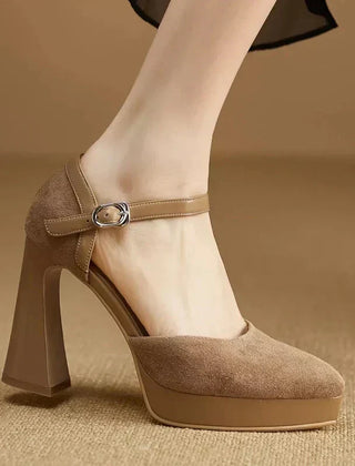Aurore platform block heel pumps with slim ankle strap and rounded toe, in brown and black