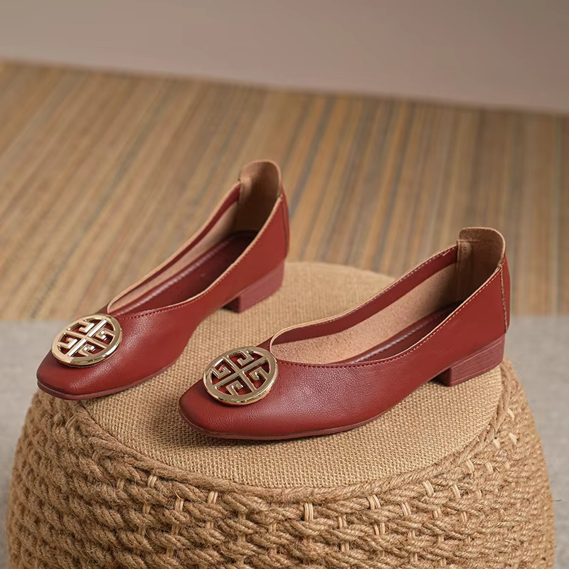 Leather square-toe flats shown in black, brown, green, beige and red
