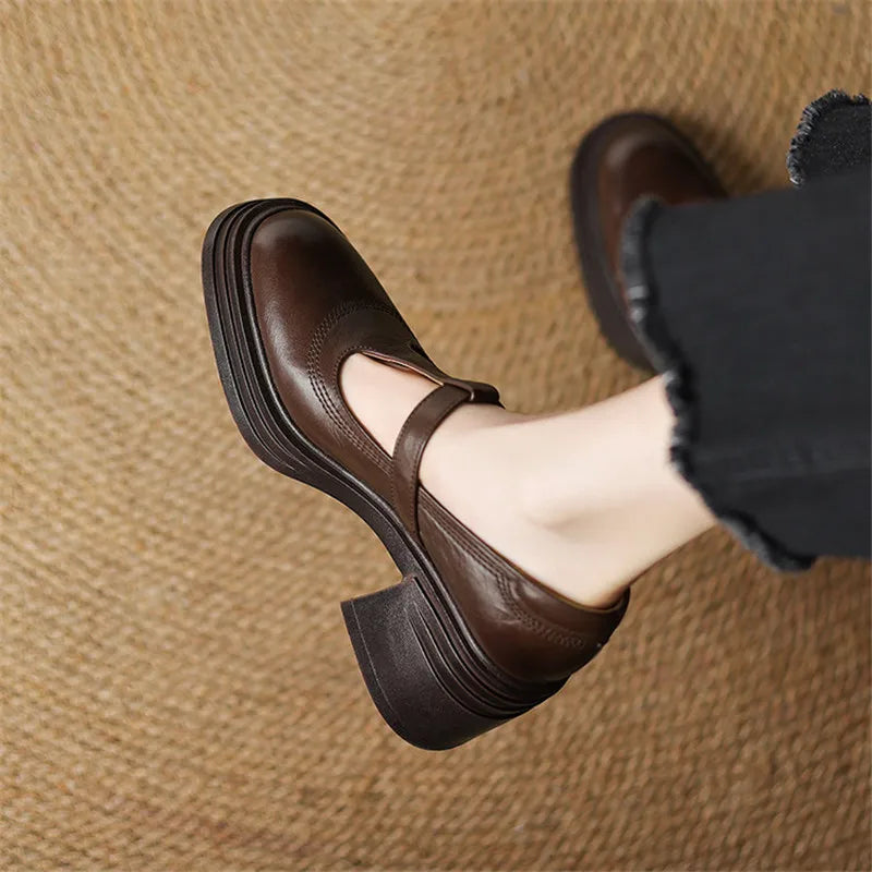 Rowena chunky block heel Mary Jane pumps with T-strap gold buckle and round toe