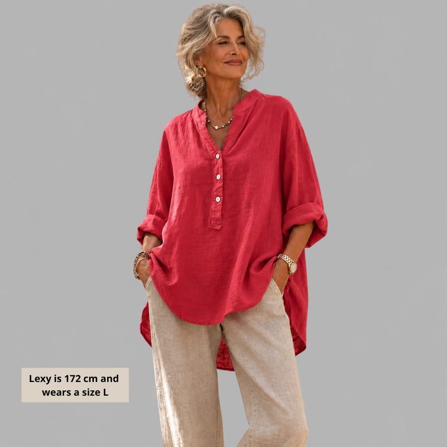 Woman wearing a relaxed cotton-linen V-neck blouse with soft draping