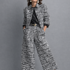 Tweed two-piece set with cropped jacket and high-waisted wide-leg trousers