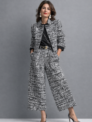 Tweed two-piece set with cropped jacket and high-waisted wide-leg trousers