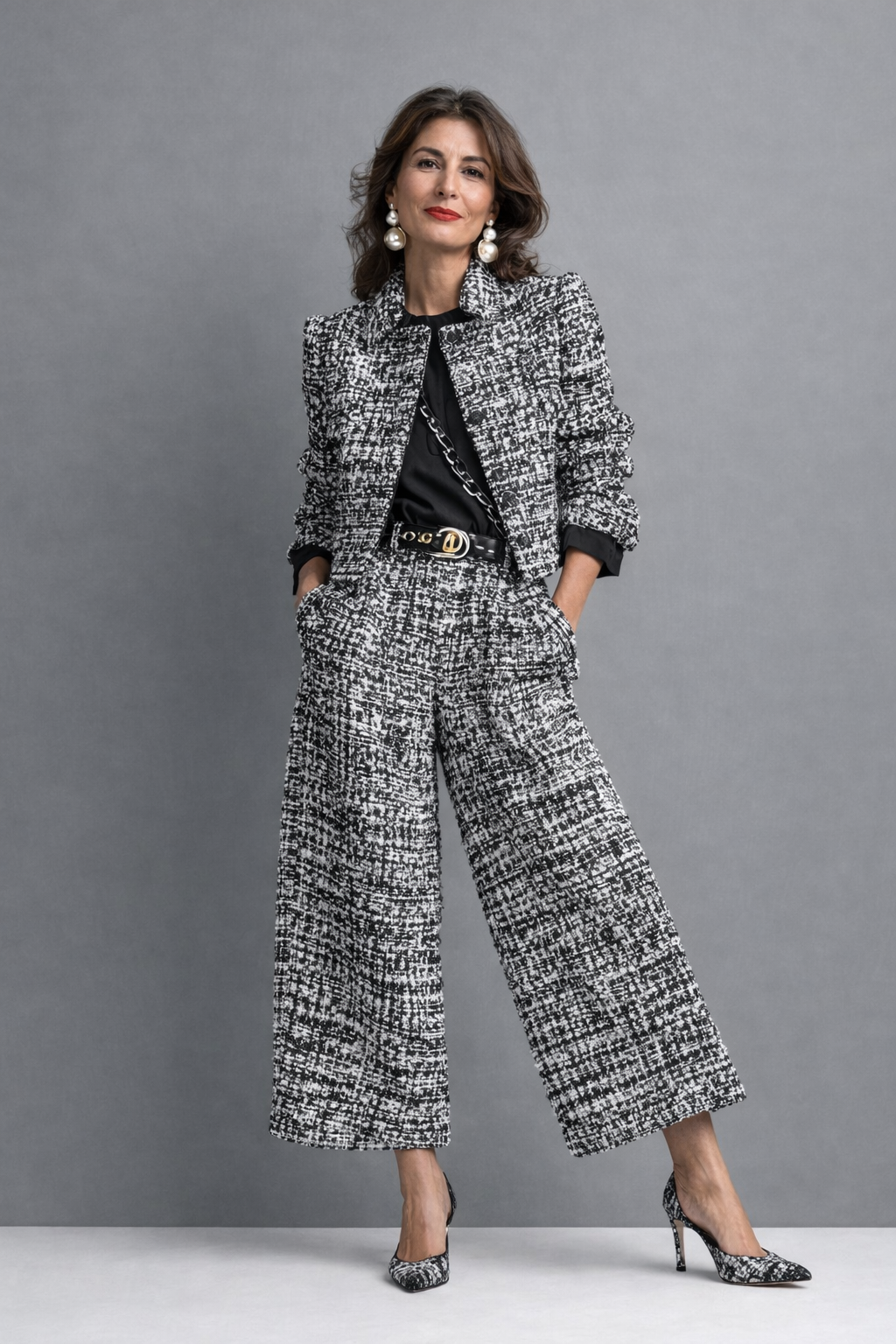 Tweed two-piece set with cropped jacket and high-waisted wide-leg trousers
