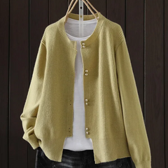 Women's V-neck button front cardigan with ribbed cuffs and hem in a solid shade