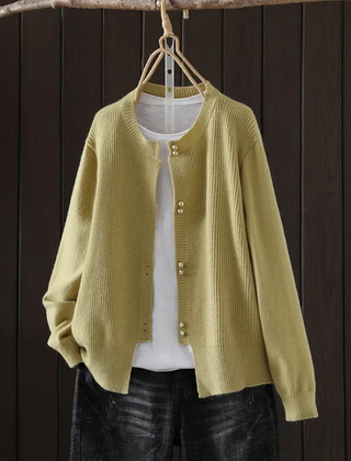 Women's V-neck button front cardigan with ribbed cuffs and hem in a solid shade