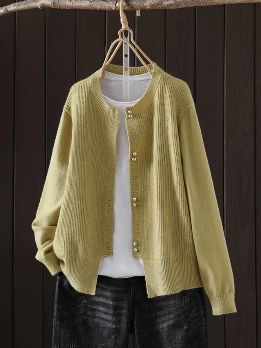 Women's V-neck button front cardigan with ribbed cuffs and hem in a solid shade