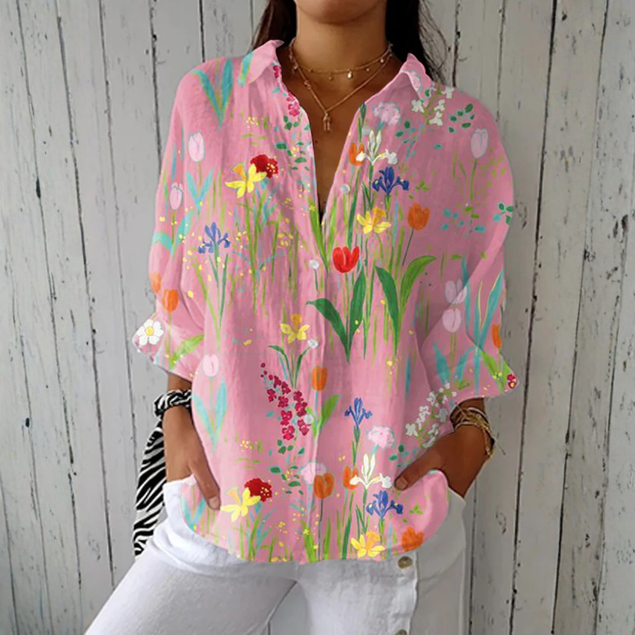 Pink floral print blouse with a relaxed, easy fit for spring and summer
