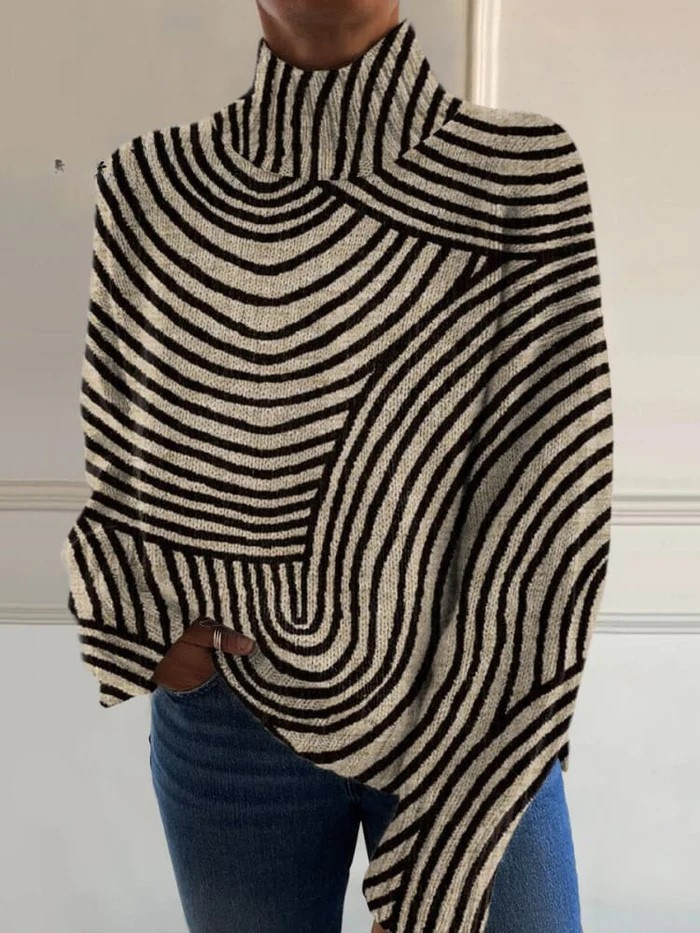 Multicolor hand-drawn line turtleneck sweater with ribbed cuffs and relaxed fit