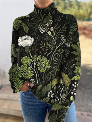Botanical floral print turtleneck sweater in multicolour with ribbed cuffs and hem