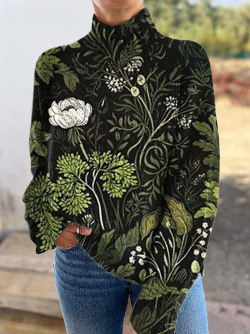 Botanical floral print turtleneck sweater in multicolour with ribbed cuffs and hem