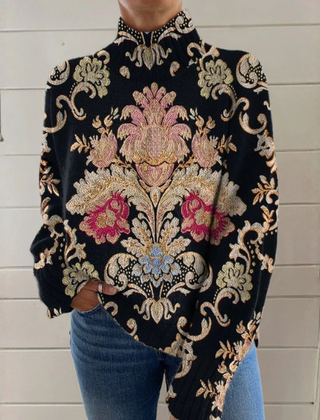Women's vintage floral turtleneck sweater in multicolour with ribbed cuffs and relaxed fit