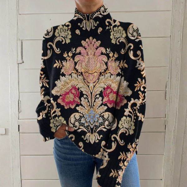 Women's vintage floral turtleneck sweater in multicolour with ribbed cuffs and relaxed fit