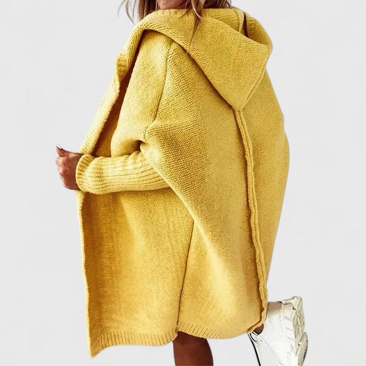 Women's hooded open front cardigan shown in several colours