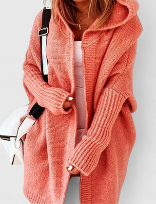 Women's hooded open front cardigan shown in several colours