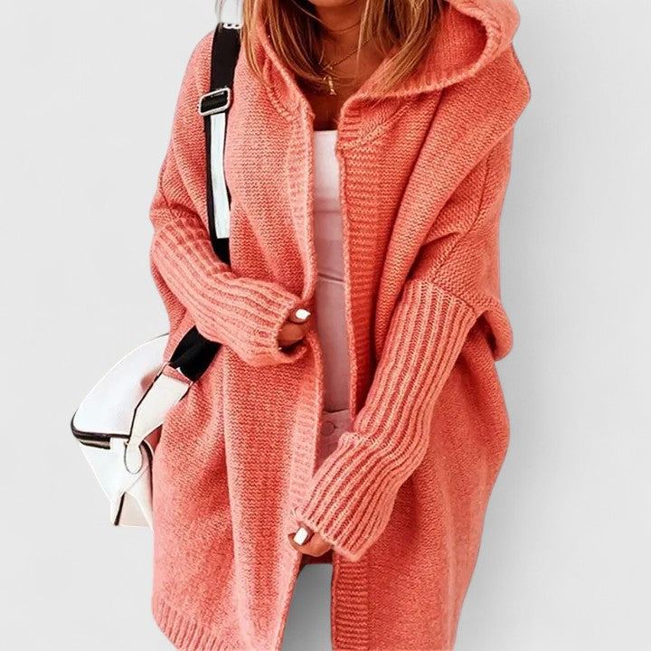 Women's hooded open front cardigan shown in several colours