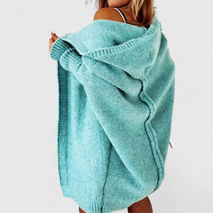 Women's hooded open front cardigan shown in several colours