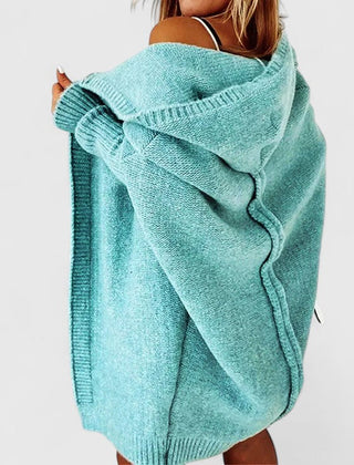 Women's hooded open front cardigan shown in several colours