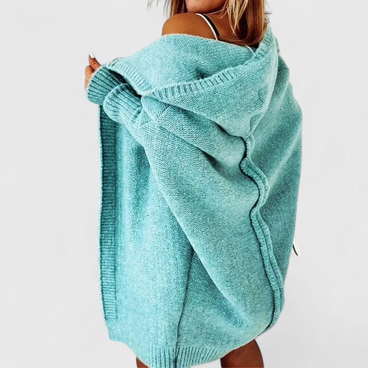 Women's hooded open front cardigan shown in several colours