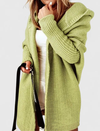 Women's hooded open front cardigan shown in several colours