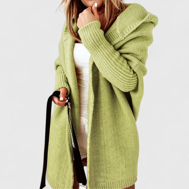 Women's hooded open front cardigan shown in several colours