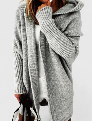 Women's hooded open front cardigan shown in several colours