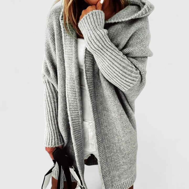 Women's hooded open front cardigan shown in several colours