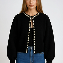 Pearl-trimmed soft knit cardigan for women in black and white