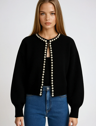 Pearl-trimmed soft knit cardigan for women in black and white