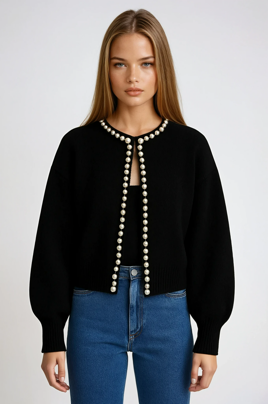 Pearl-trimmed soft knit cardigan for women in black and white