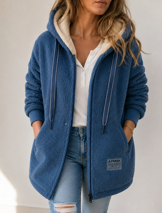 Wendy cozy fleece hooded jacket for women shown in blue, green, pink and brown