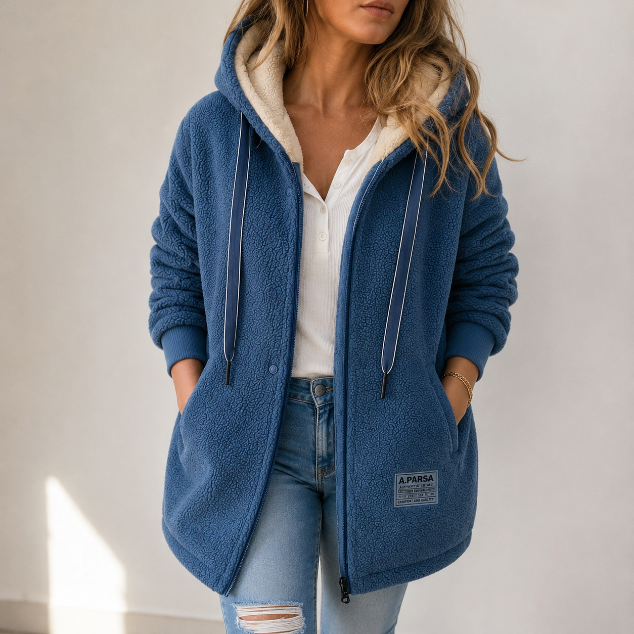 Wendy cozy fleece hooded jacket for women shown in blue, green, pink and brown